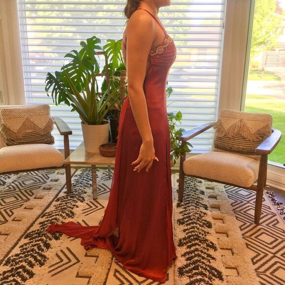 NOX NARIANNA Maroon Red Halter Rhinestone Prom Wedding Bridesmaid Formal Dress M - Picture 4 of 9